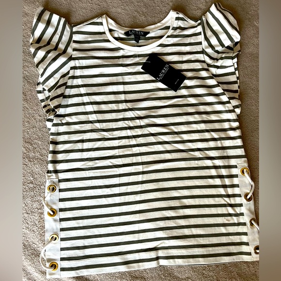 Ralph Lauren XS petit Stripe short sleeve top with laces cotton Womens NWT $69 - Picture 1 of 7